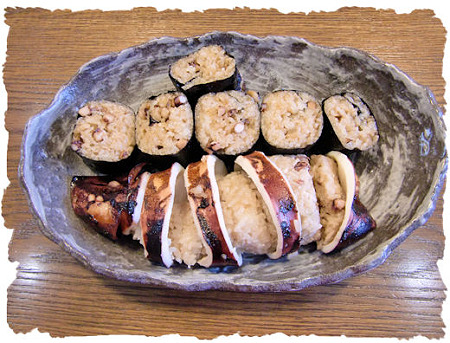 いかめしの飯の方が余ったら海苔巻きにして~。こっちもすごく人気あるの~!